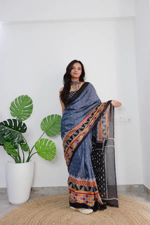 HANDICRAFT_WOMEN'S_Ikkat_PRINT_PURE_SOFT_COTTON_SAREE_WITH_BLOUSE_PIECE_With_Blouse_Piece